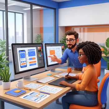 3D Pixar Style UI Design Collaboration At Workspace