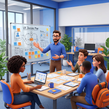 Friendly 3D Pixar-style digital art of a five-member team collaborating on UX Journey Maps and User Experience designs around a wooden table in a natural-lit office, featuring a male presenter pointing to a whiteboard filled with wireframes and sticky notes, with no brand logos visible in the vibrant blue and orange space.
